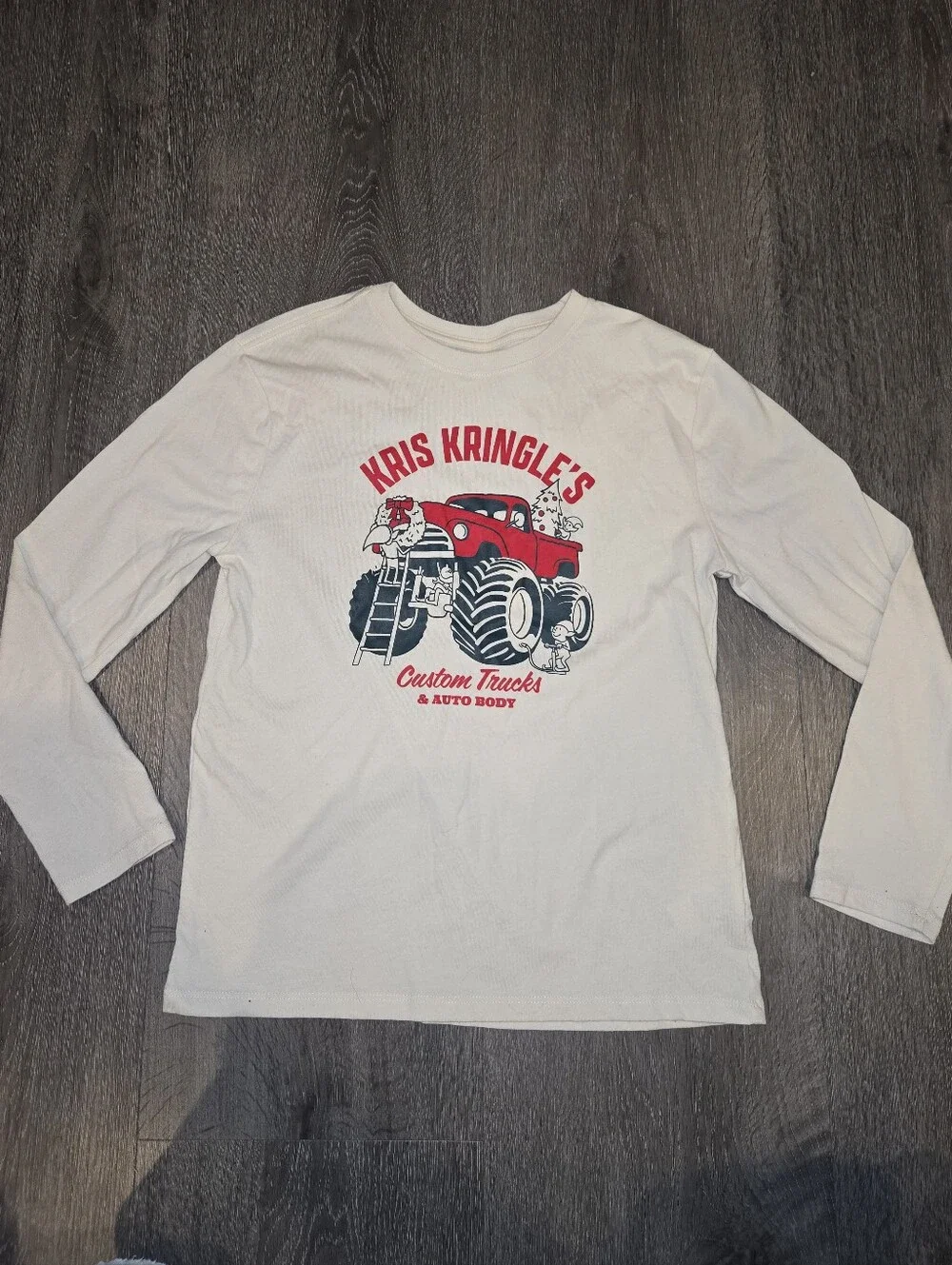 Holiday Time White Long-Sleeve Tee with Red & Black Truck Graphic